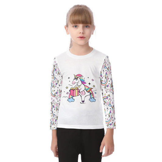 Kid's Long Sleeve Christmas T-shirt - Unicorn with Present - Festive Style