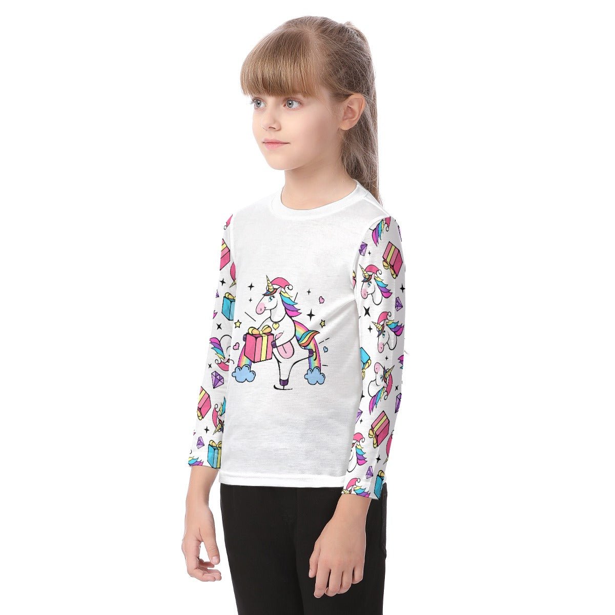 Kid's Long Sleeve Christmas T-shirt - Unicorn with Present - Festive Style