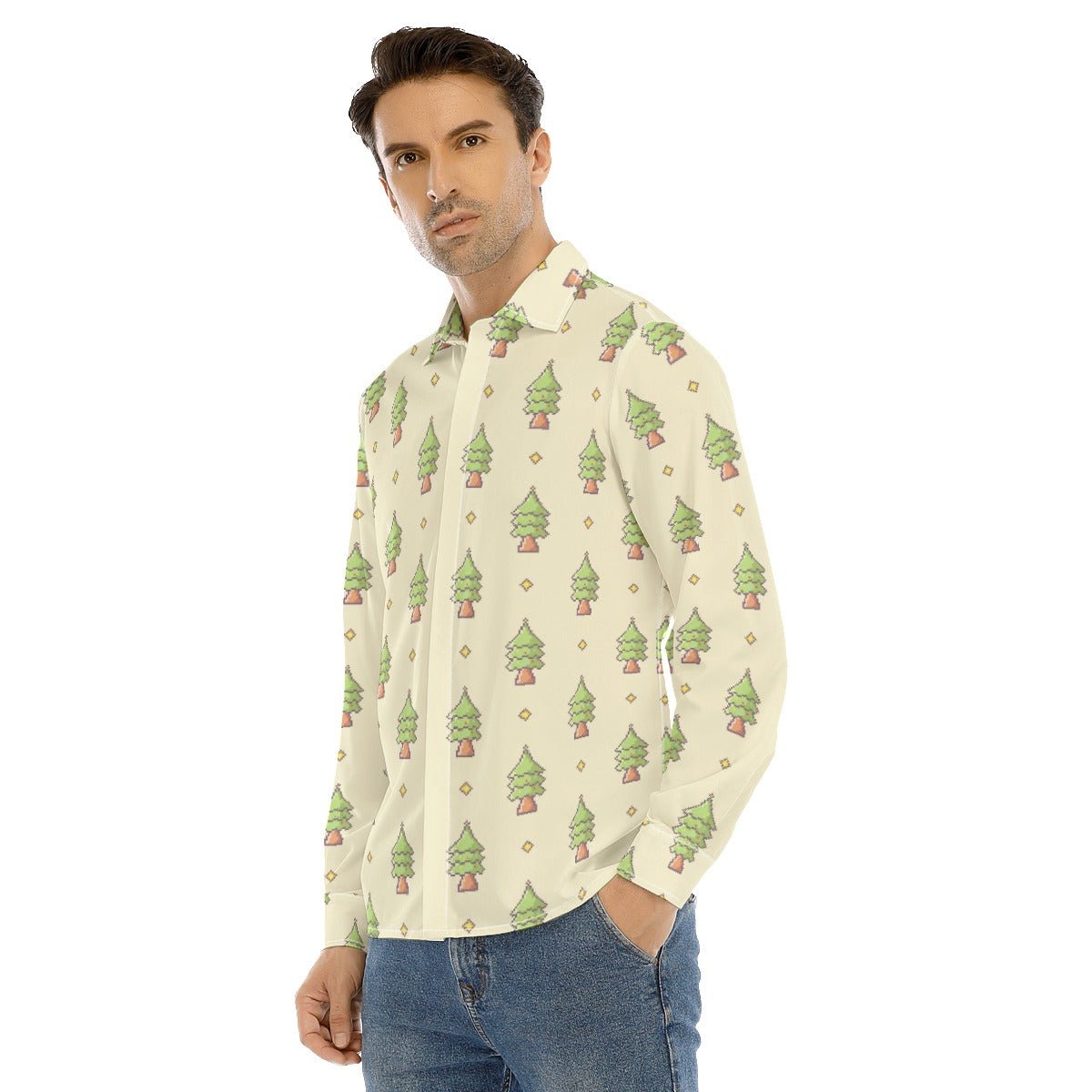 Men's Collar Christmas Shirt- 16-Bit Christmas Trees - Festive Style