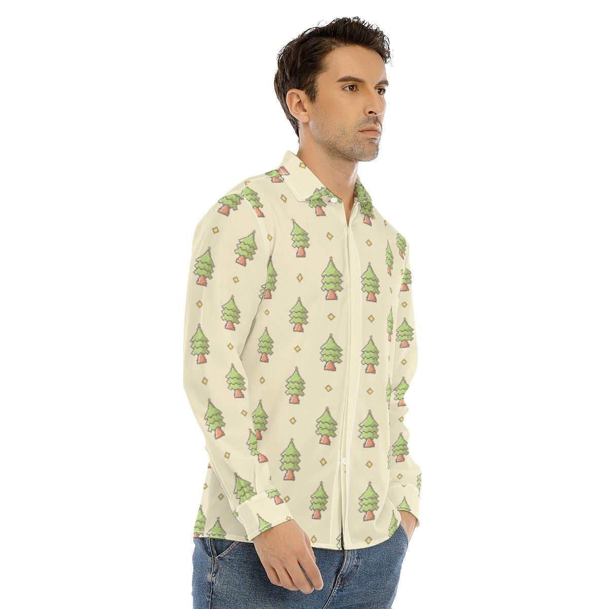 Men's Collar Christmas Shirt- 16-Bit Christmas Trees - Festive Style