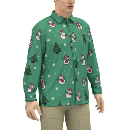 Men's Collar Christmas Shirt - Green Snowman - Festive Style