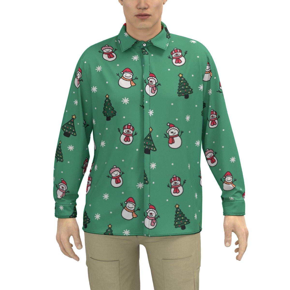 Men's Collar Christmas Shirt - Green Snowman - Festive Style