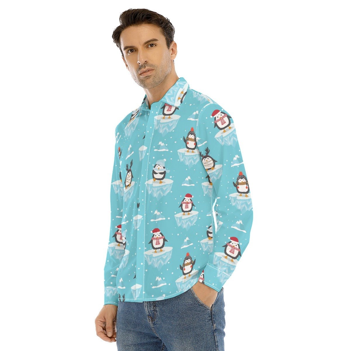 Men's Collar Christmas Shirt - Icy Penguins - Festive Style