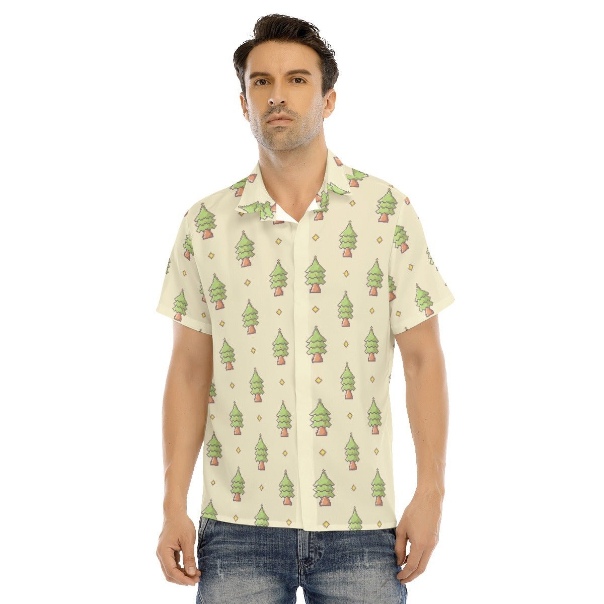 Men's Collar Short Sleeve Christmas Shirt - 16-Bit Christmas Trees - Festive Style