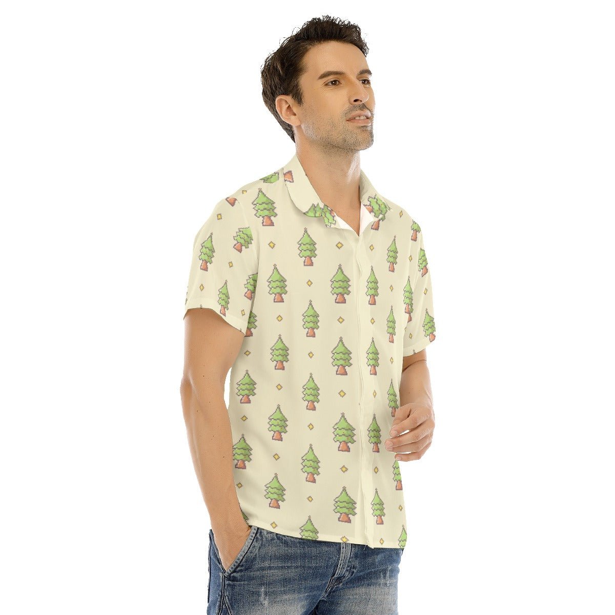 Men's Collar Short Sleeve Christmas Shirt - 16-Bit Christmas Trees - Festive Style