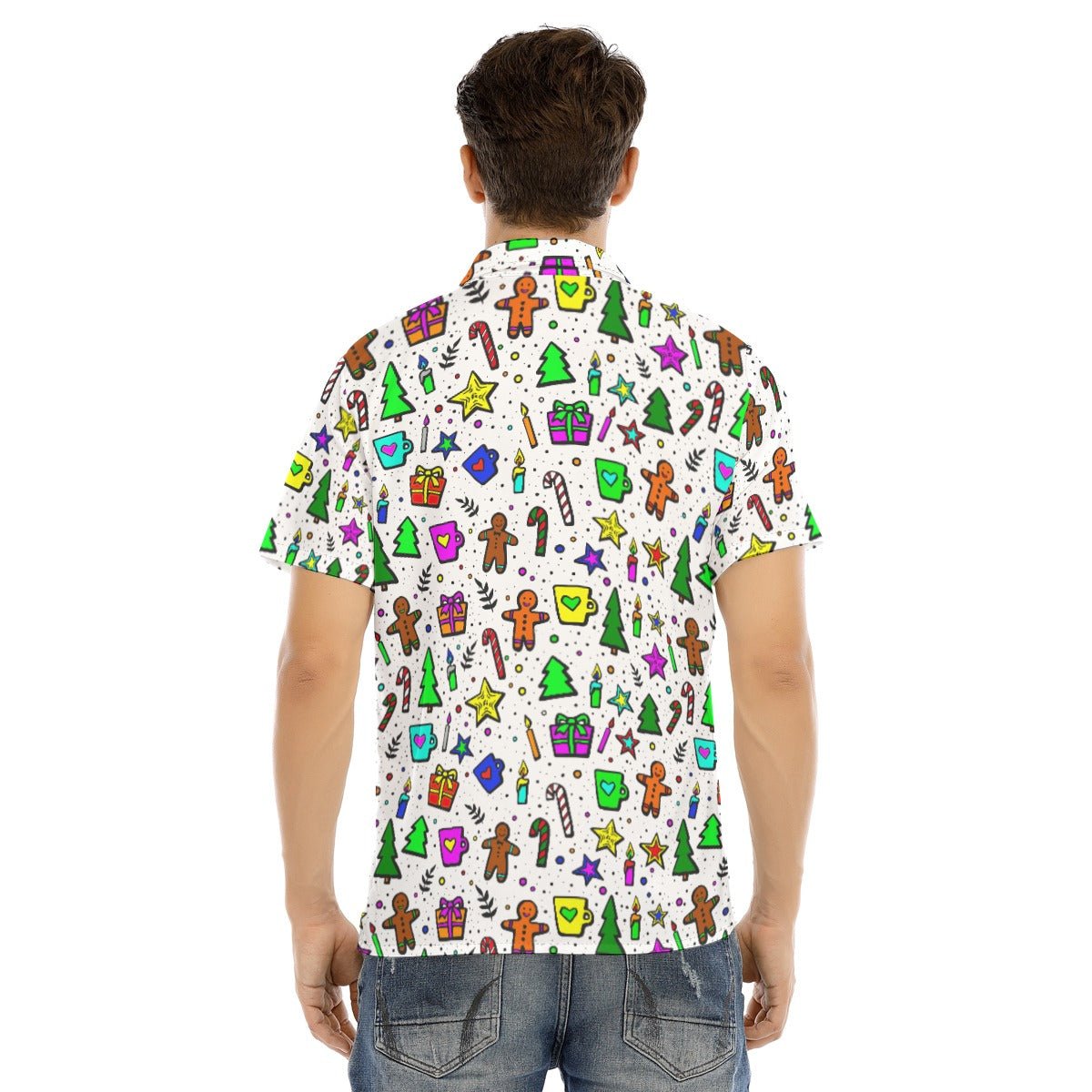 Men's Collar Short Sleeve Christmas Shirt - Bright Doodle - Festive Style