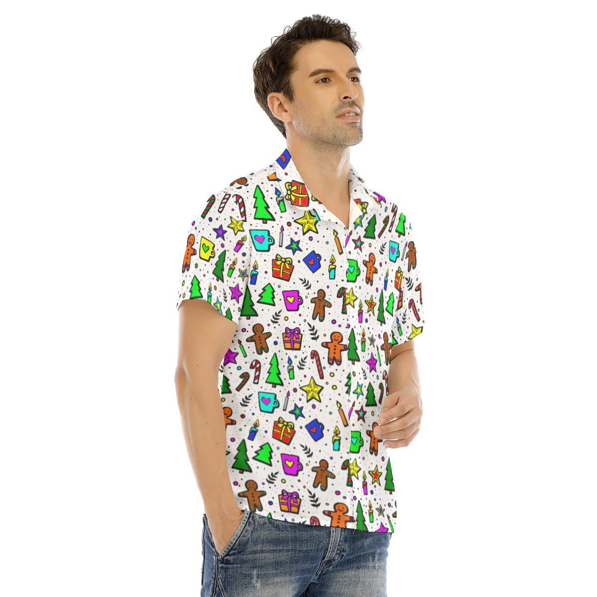 Men's Collar Short Sleeve Christmas Shirt - Bright Doodle - Festive Style