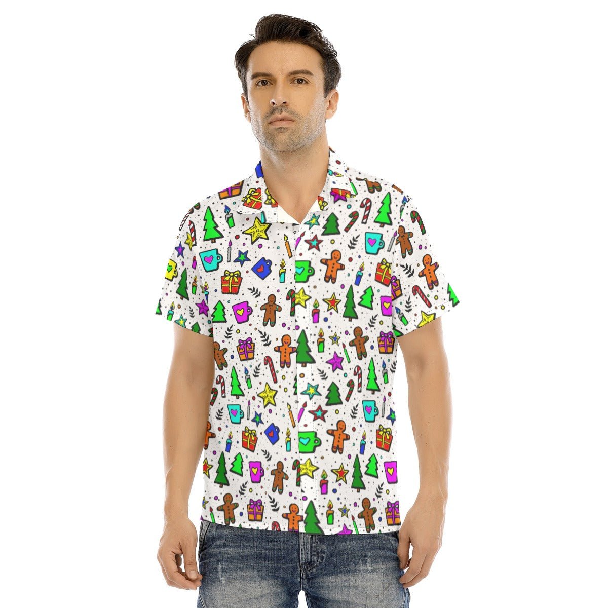 Men's Collar Short Sleeve Christmas Shirt - Bright Doodle - Festive Style