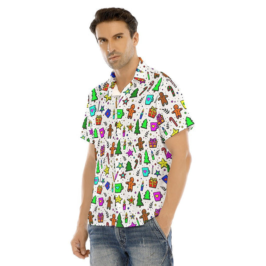 Men's Collar Short Sleeve Christmas Shirt - Bright Doodle - Festive Style