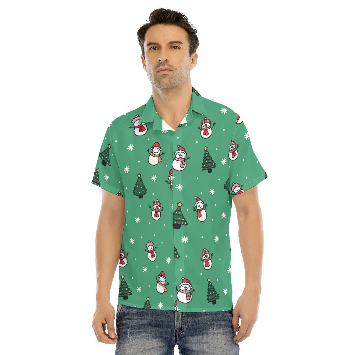 Men's Collar Short Sleeve Christmas Shirt- Green Snowman - Festive Style