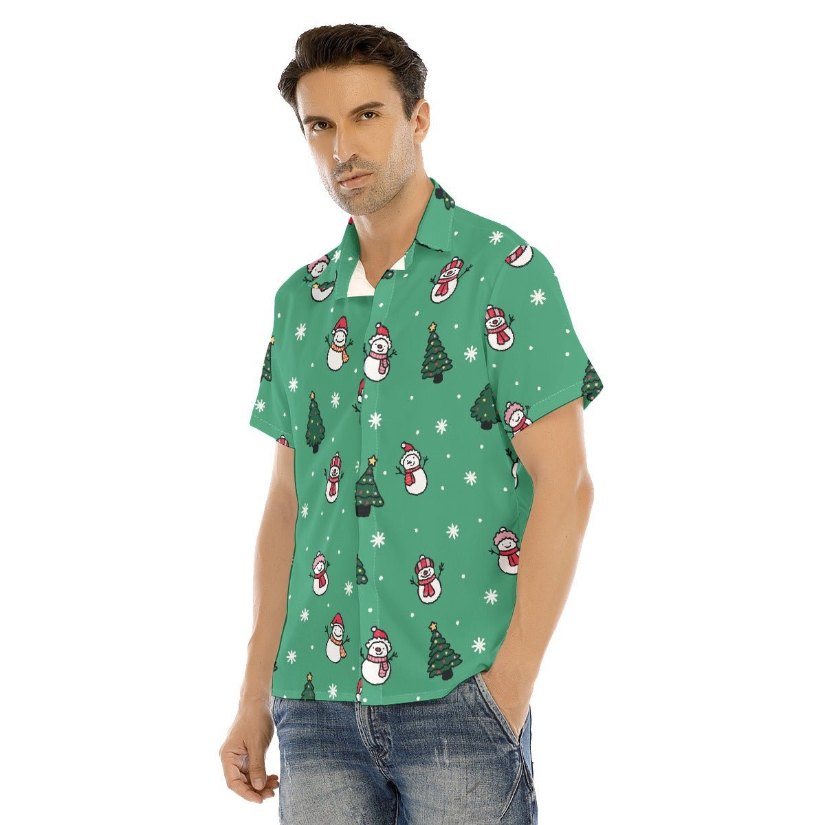 Men's Collar Short Sleeve Christmas Shirt- Green Snowman - Festive Style