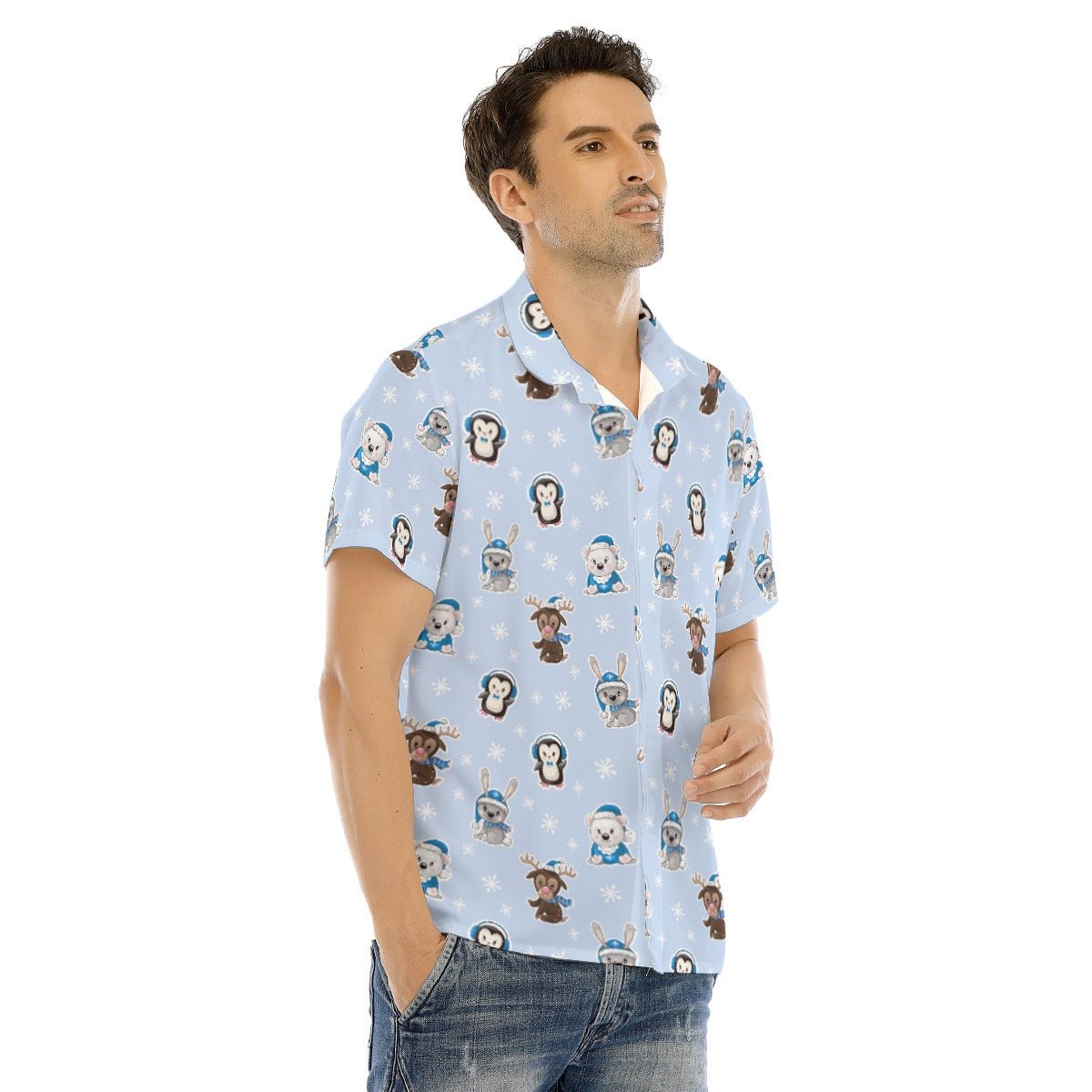 Men's Collar Short Sleeve Christmas Shirt - Polar Blue - Festive Style