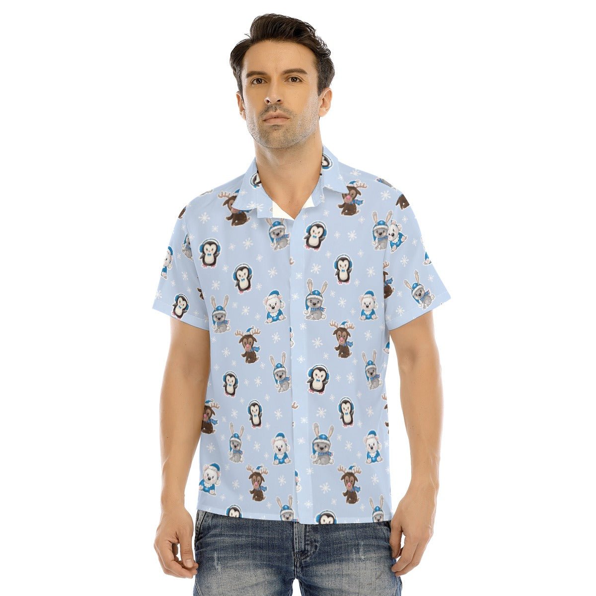 Men's Collar Short Sleeve Christmas Shirt - Polar Blue - Festive Style
