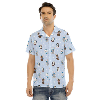 Men's Collar Short Sleeve Christmas Shirt - Polar Blue - Festive Style
