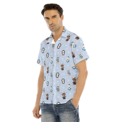 Men's Collar Short Sleeve Christmas Shirt - Polar Blue - Festive Style