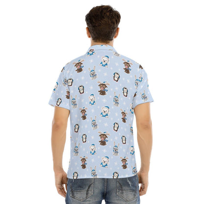 Men's Collar Short Sleeve Christmas Shirt - Polar Blue - Festive Style