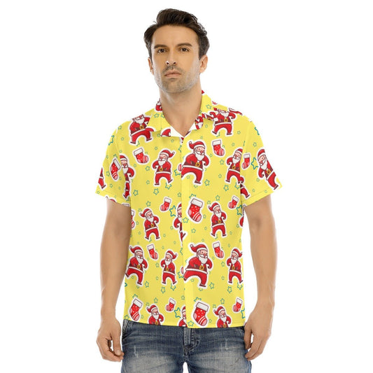 Men's Collar Short Sleeve Christmas Shirt - Santa and Stars - Festive Style