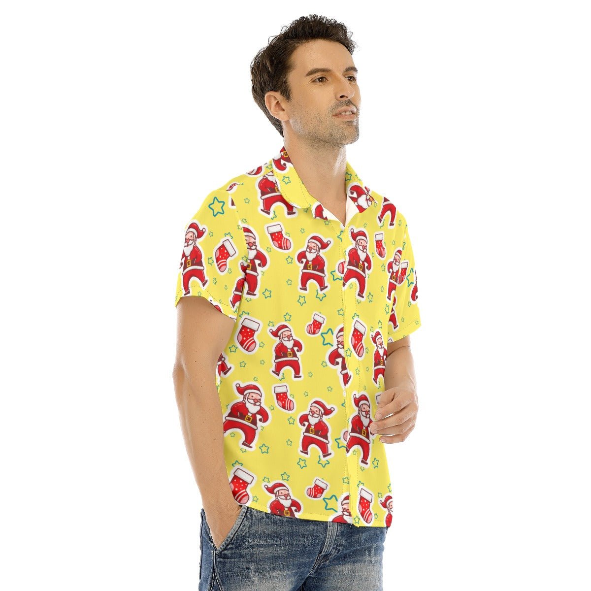 Men's Collar Short Sleeve Christmas Shirt - Santa and Stars - Festive Style
