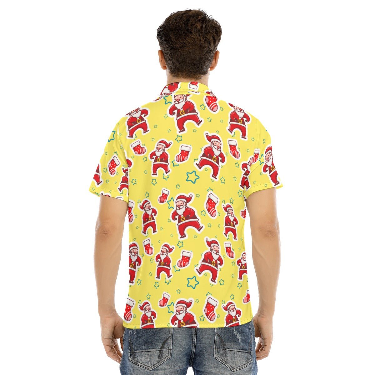 Men's Collar Short Sleeve Christmas Shirt - Santa and Stars - Festive Style