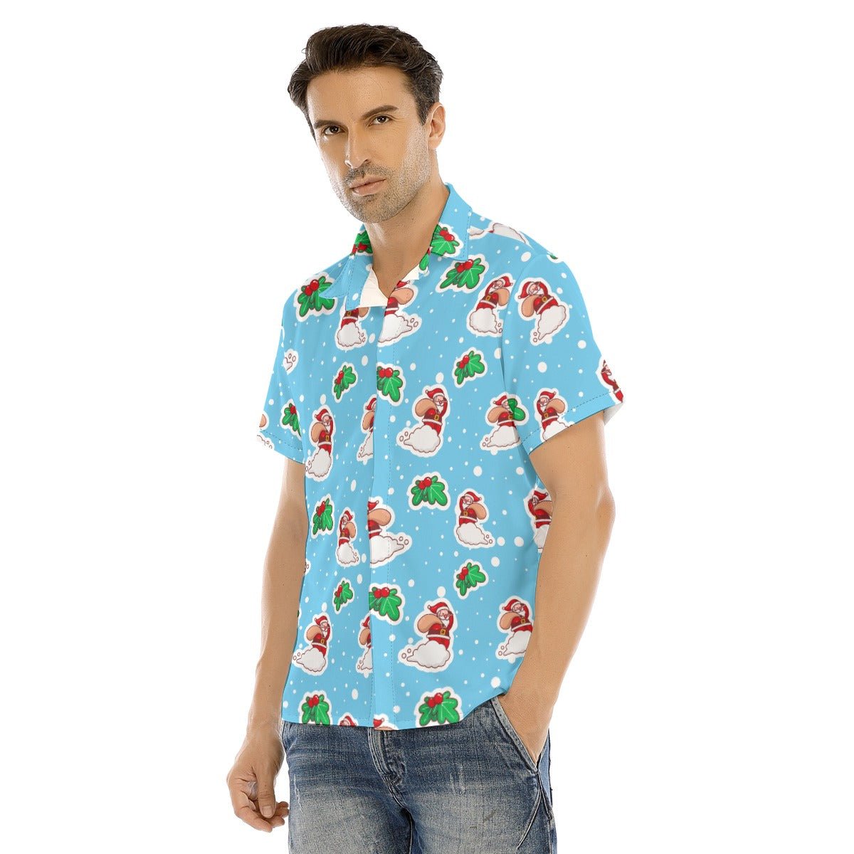 Men's Collar Short Sleeve Christmas Shirt - Santa Cloud - Festive Style