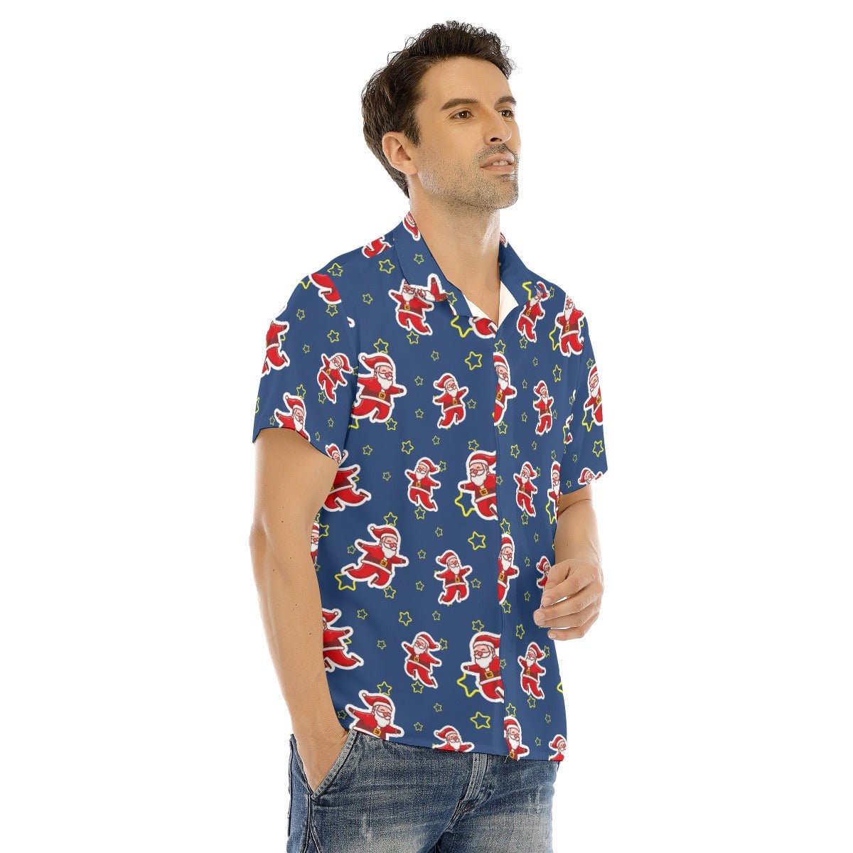 Men's Collar Short Sleeve Christmas Shirt - Santa Night Time - Festive Style
