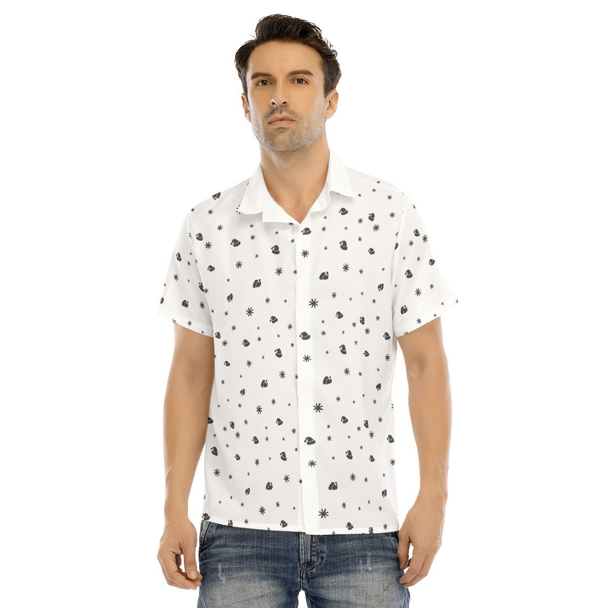 Men's Collar Short Sleeve Christmas Shirt - Snowflakes and Hats - Festive Style