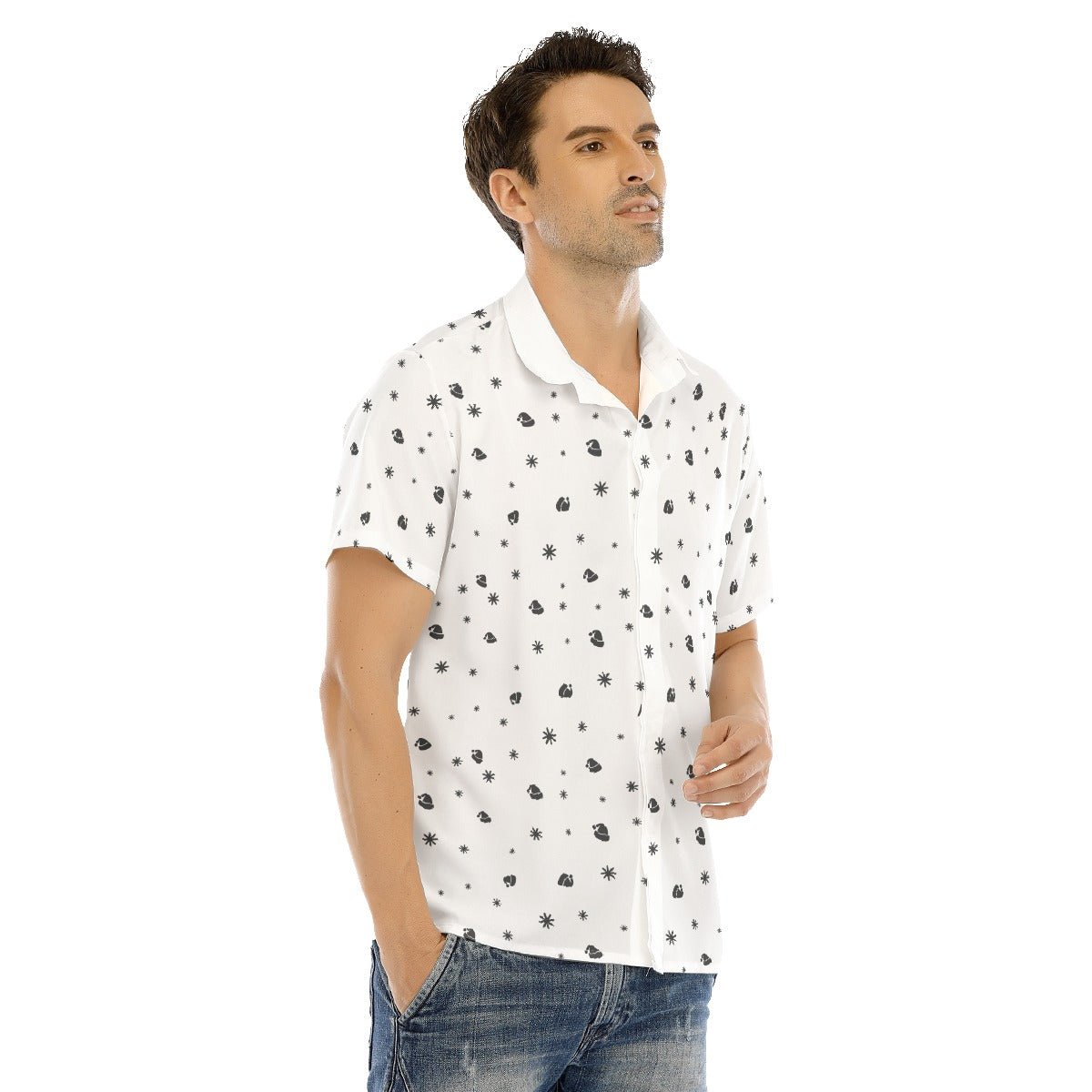 Men's Collar Short Sleeve Christmas Shirt - Snowflakes and Hats - Festive Style