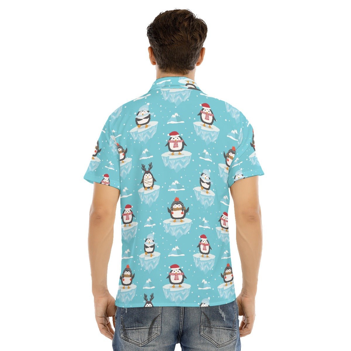 Men's Collar Short Sleeve Shirt - Icy Penguins - Festive Style