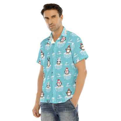 Men's Collar Short Sleeve Shirt - Icy Penguins - Festive Style