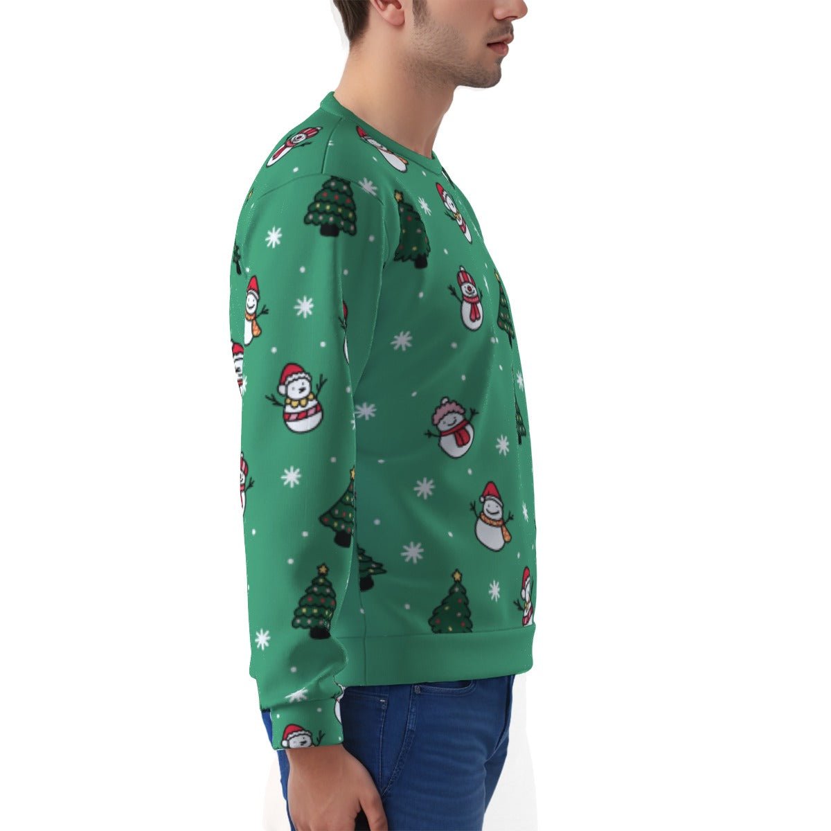 Men's Fleece Christmas Sweatshirt- Green Snowman - Festive Style
