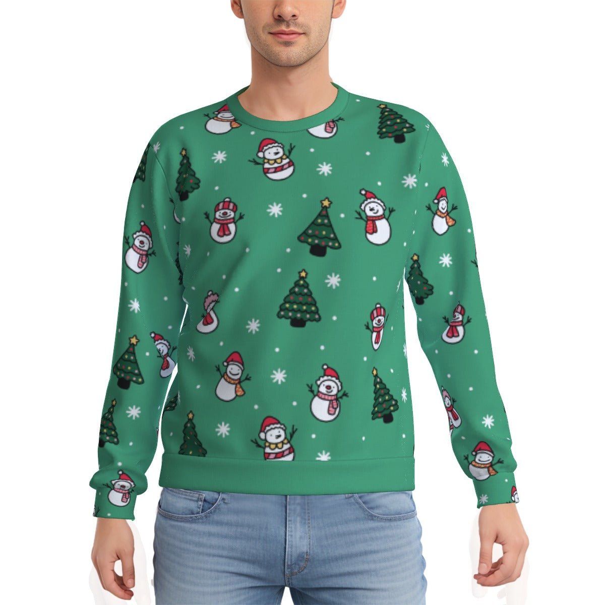 Men's Fleece Christmas Sweatshirt- Green Snowman - Festive Style