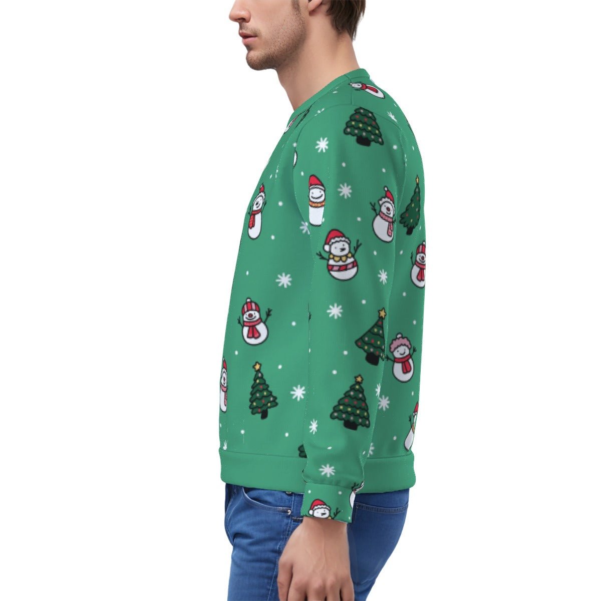 Men's Fleece Christmas Sweatshirt- Green Snowman - Festive Style