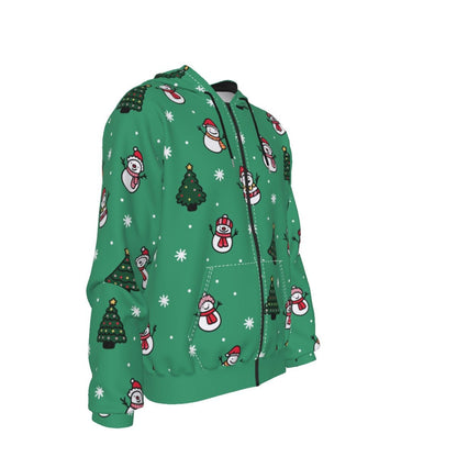 Men's Fleece Christmas Zip Hoodie- Green Snowman - Festive Style