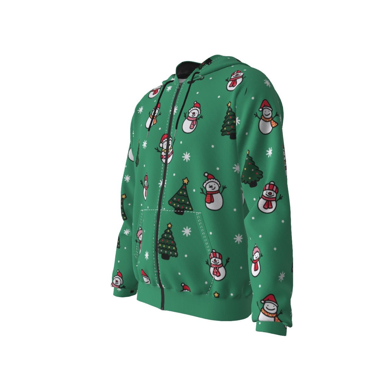 Men's Fleece Christmas Zip Hoodie- Green Snowman - Festive Style