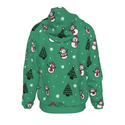 Men's Fleece Christmas Zip Hoodie- Green Snowman - Festive Style