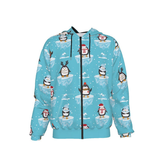 Men's Fleece Zip Up Christmas Hoodie - Icy Penguins - Festive Style