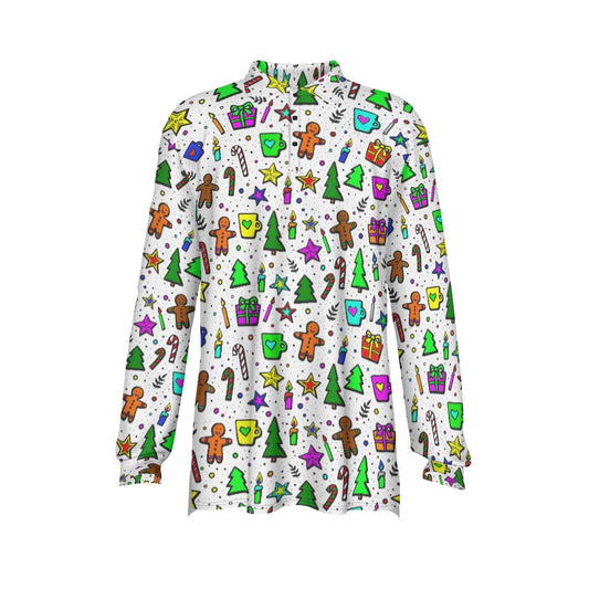 Men's Long Sleeve Christmas Polo Shirt - Bright Doodle - Festive Style