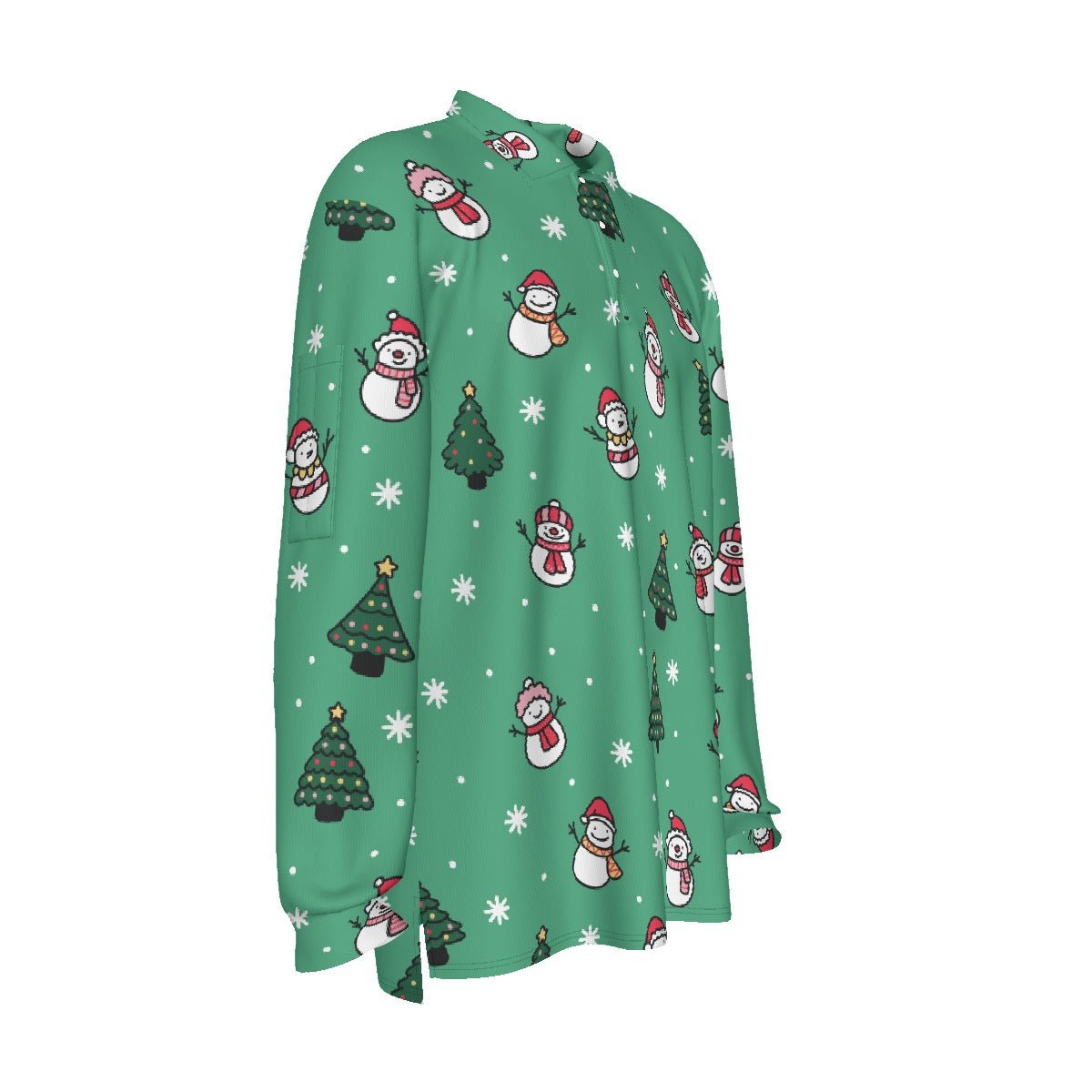 Men's Long Sleeve Christmas Polo Shirt- Green Snowman - Festive Style