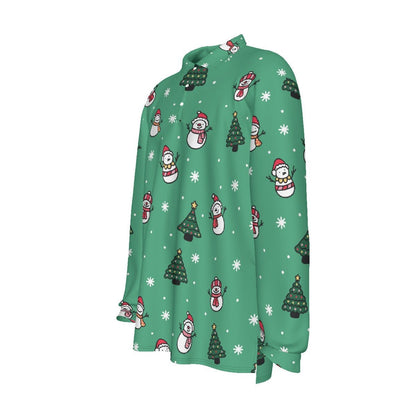 Men's Long Sleeve Christmas Polo Shirt- Green Snowman - Festive Style