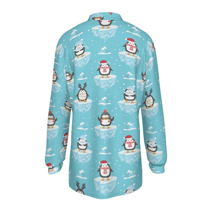 Men's Long Sleeve Christmas Polo Shirt - Icy Penguins - Festive Style