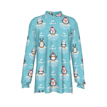 Men's Long Sleeve Christmas Polo Shirt - Icy Penguins - Festive Style