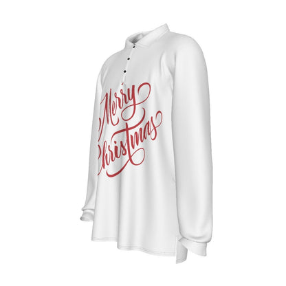 Men's Long Sleeve Christmas Polo Shirt - Merry Christmas - White - Festive Style