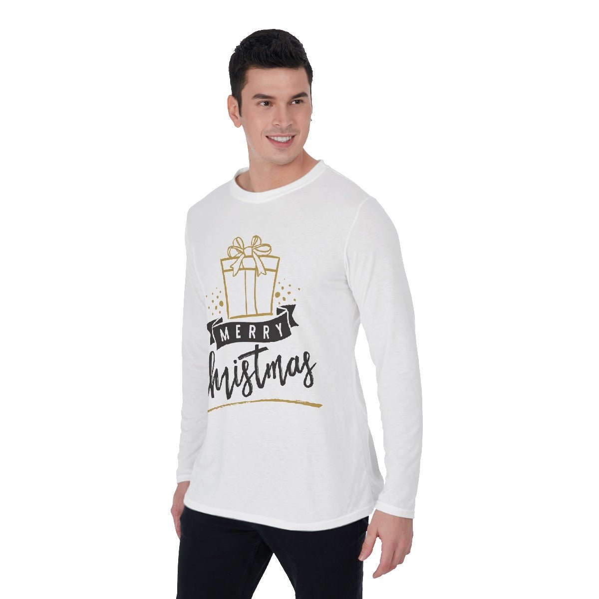 Men's Long Sleeve Christmas T-Shirt - Merry Christmas - Gold Present - Festive Style