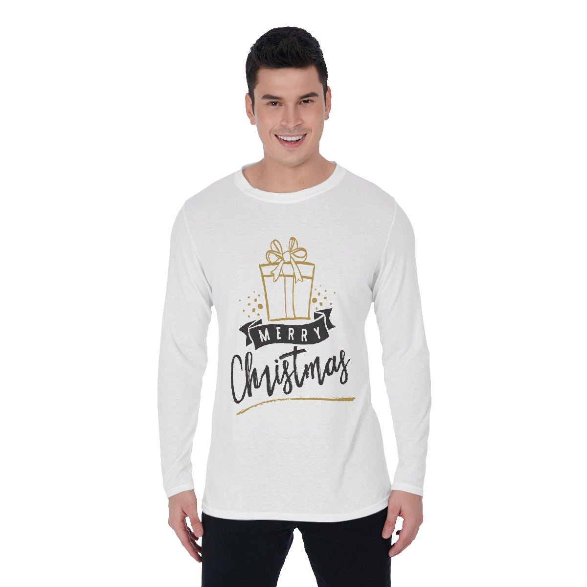 Men's Long Sleeve Christmas T-Shirt - Merry Christmas - Gold Present - Festive Style