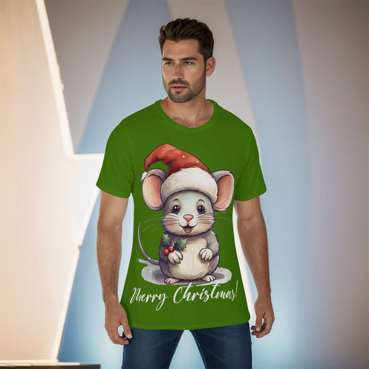 Mens Short Sleeve Christmas Tee - Green - Cute Mouse - Festive Style