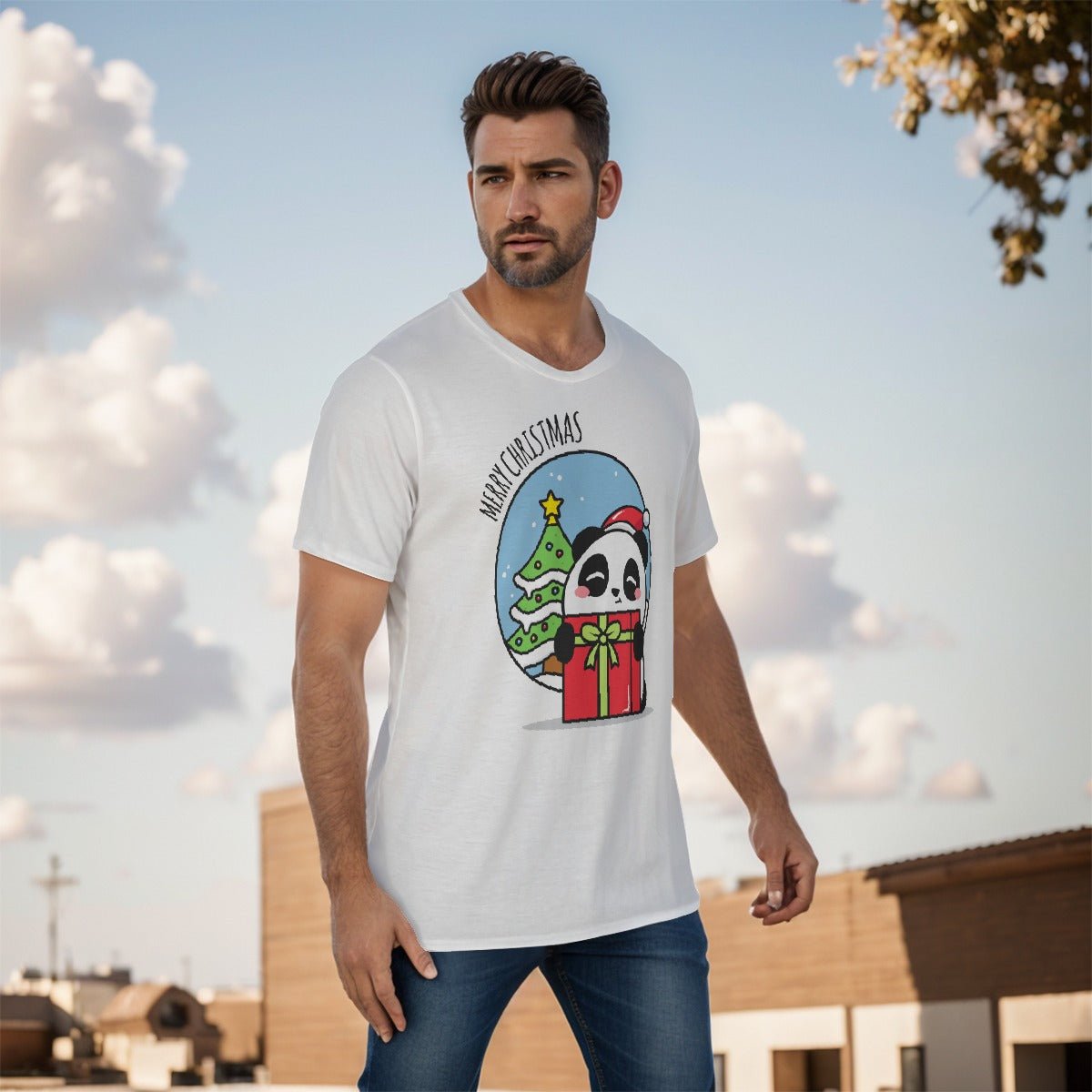 Mens Short Sleeve Christmas Tee - Merry Panda - Festive Style