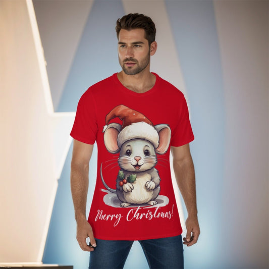 Mens Short Sleeve Christmas Tee - Red - Cute Mouse - Festive Style