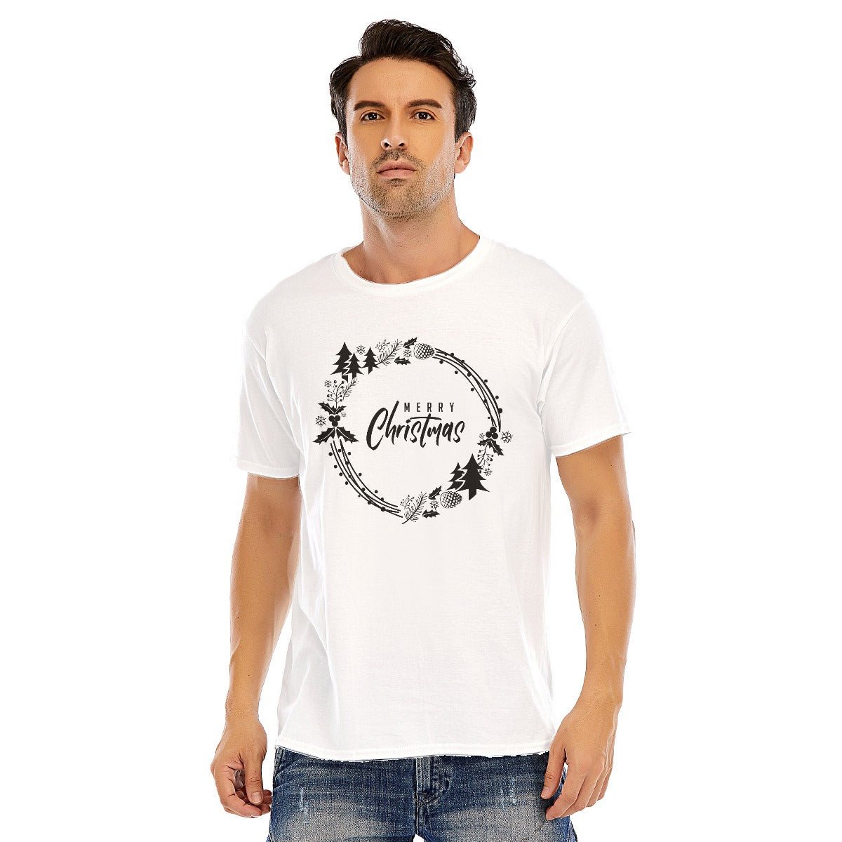 Mens Short Sleeve Christmas Tee - Simple Wreath - Black - Festive Style