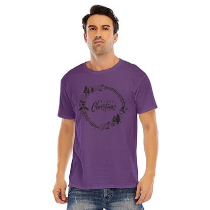 Mens Short Sleeve Christmas Tee - Simple Wreath - Black - Festive Style