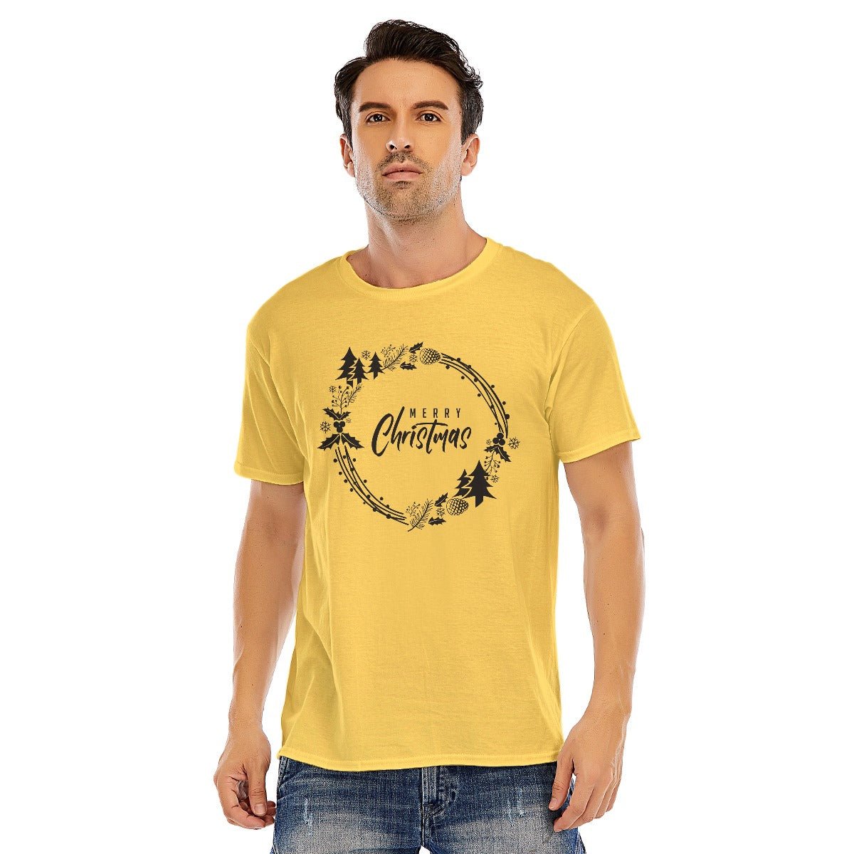 Mens Short Sleeve Christmas Tee - Simple Wreath - Black - Festive Style
